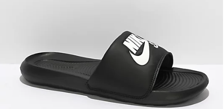 A black sandal with white logoDescription automatically generated